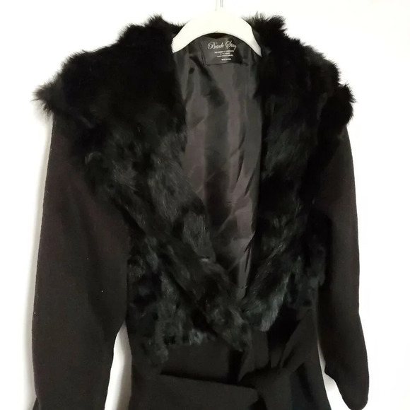 Back Stage Wool Coat Womens Size Small Black Faux Fur Made in Korea Snap Button - Picture 7 of 12
